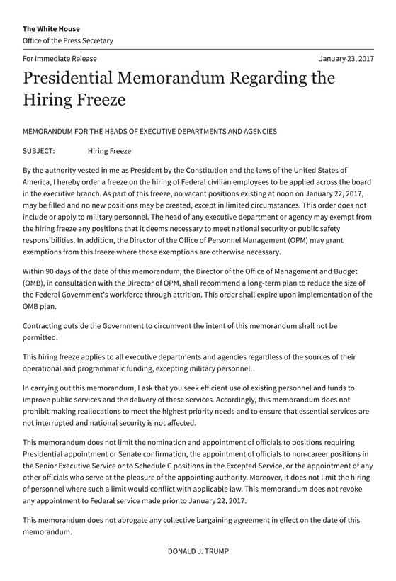 Presidential memorandum regarding the hiring freeze