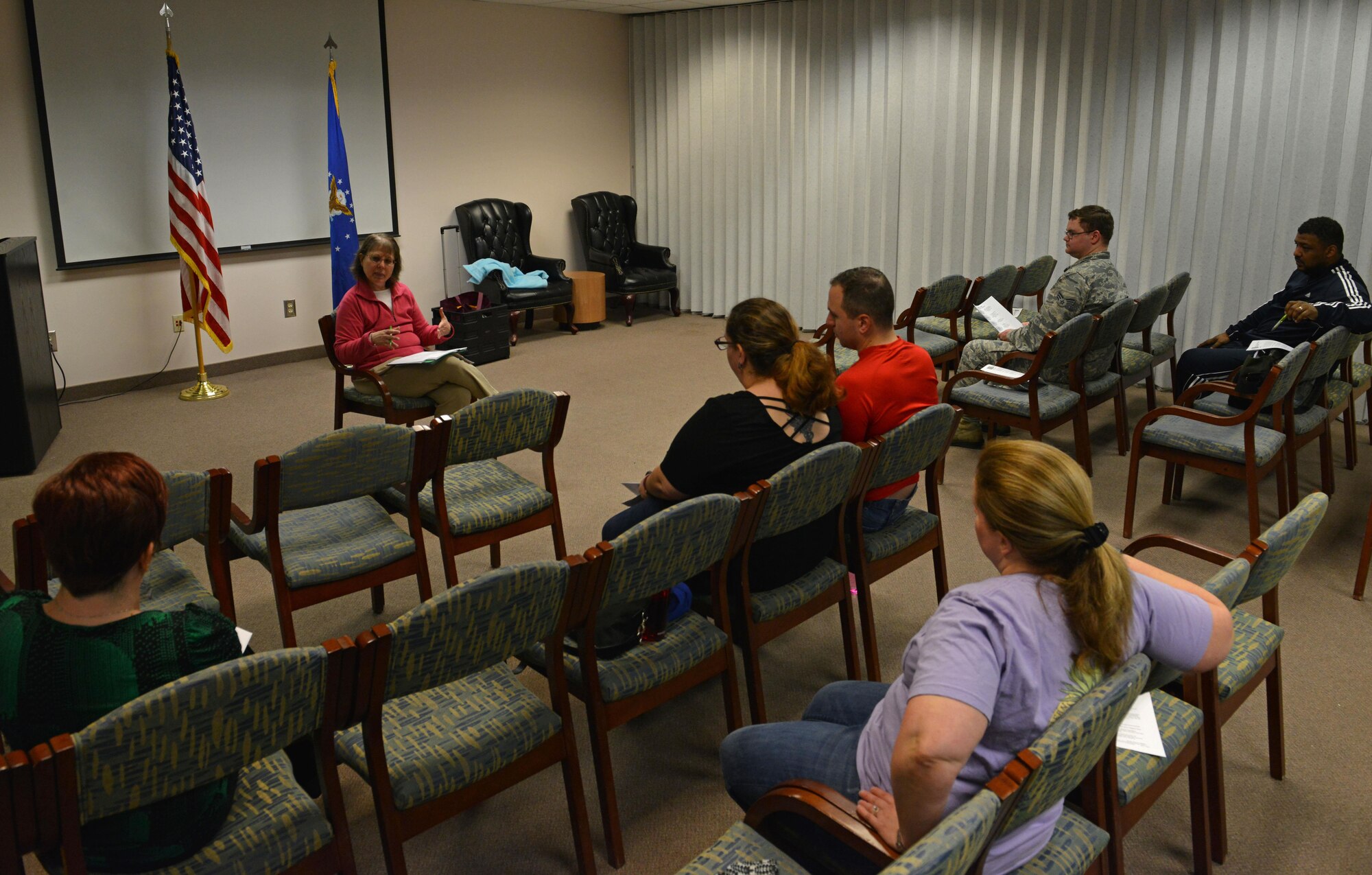 Members of a Group Lifestyle Balance (GLB) session talk about their goals at Shaw Air Force Base, S.C., Jan. 26, 2017. The GLB program hosted by Teri Galter, 20th Medical Operations Squadron Healthcare to Health registered dietitian, focuses on improving the nutrition and physical activity of participants through education and positive reinforcement. The program has been a pilot program at Shaw since June 2014. (U.S. Air Force photo by Airman 1st Class Destinee Sweeney)