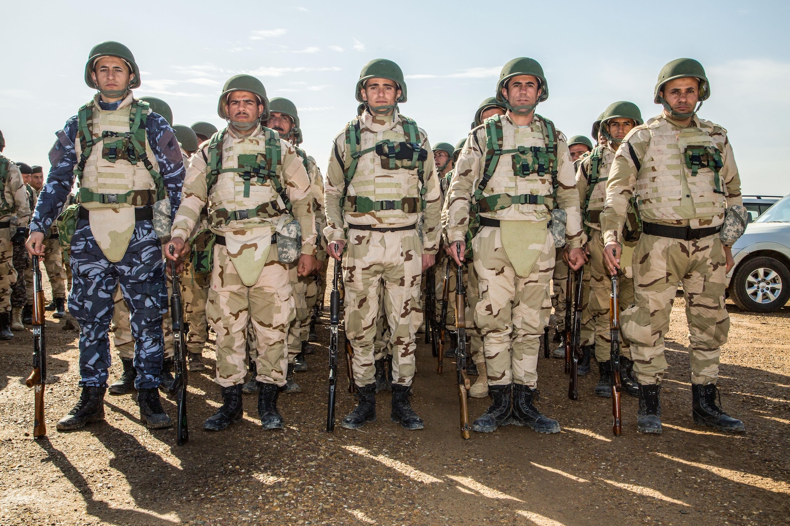 Iraqi security forces soldiers prepare for training led by Coalition forces at Camp Taji, Iraq, Jan. 25, 2017. Coalition forces teach ISF cover and concealment in a combat environment in support of Combined Joint Task Force – Operation Inherent Resolve, the global Coalition to defeat ISIL in Iraq and Syria.  (U.S. Army photo by Spc. Christopher Brecht)