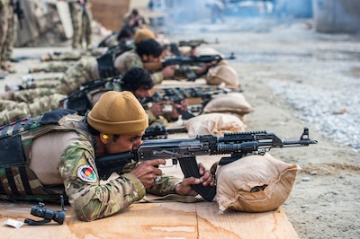 Afghan National Mine Removal Group soldiers zero weapons during marksmanship training at Jalalabad on Jan. 21, 2017. The NMRG is Afghanistan’s premier force for route clearance and mine reduction. (U.S. Air Force photo by Staff Sgt. Matthew B. Fredericks)