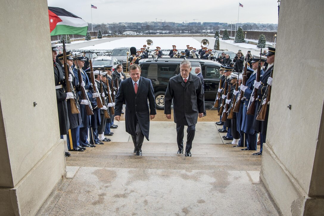 Defense Secretary Jim Mattis hosts an honor cordon for King Abdullah II of Jordan at the Pentagon, Jan. 30, 2017. The two leaders met to discuss matters of mutual importance. DoD photo by Air Force Staff Sgt. Jette Carr