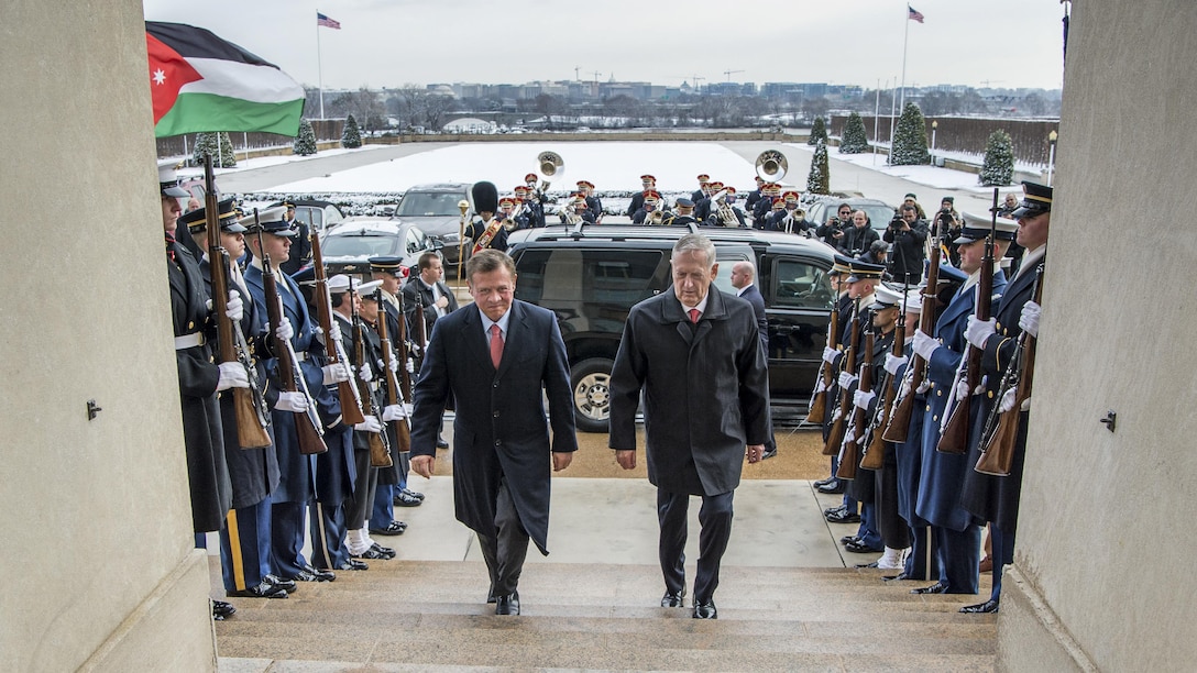 Defense Secretary Jm Mattis hosts an honor cordon to welcome King Abdullah II of Jordan to the Pentagon, Jan. 30, 2017. The two leaders met to discuss matters of mutual importance. DoD photo by Air Force Staff Sgt. Jette Carr