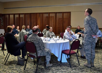 U.S. Air Force Capt. Chuck Hutchings, 628th Medical Group (MDG) pediatrician, shares learning experiences from training with the Nuclear Power Training Unit (NPTU) during a capstone training event at the Storm Pointe Conference Center on the Joint Base Charleston-Weapons Station, Jan. 27, 2017. During the event members of the 628th MDG demonstrated what they learned by sharing challenges which could have been avoided by following the principles NPTU currently uses.