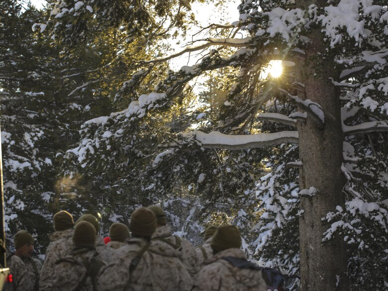 Marines with 2nd Battalion, 2nd Marine Regiment, gather around an instructor before a hike during Mountain Training Exercise 1-17 in the Marine Corps Mountain Warfare Training Center Bridgeport, Calif., training area Jan. 17, 2016. MCMWTC is one of the Marine Corps’ most secluded posts, comprised of approximately 46,000 acres of terrain with elevations ranging from 5,000 to 11,000 feet. The exercise trains elements of the Marine air-ground task force across the warfighting functions for operations in mountainous, high-altitude and cold-weather environments in order to enhance a unit’s ability to shoot, move, communicate, sustain and survive in the most rugged regions of the world. (U.S. Marine Corps photo by Cpl. Levi Schultz)