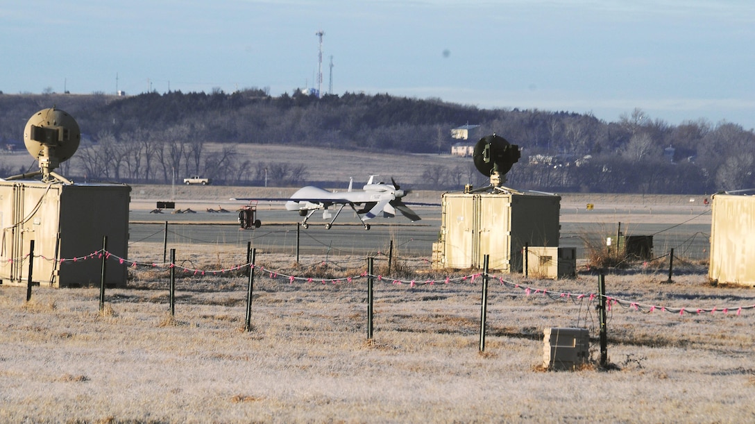 A Gray Eagle unmanned aircraft system begins to taxi at Marshall Army Airfield, Fort Riley Jan. 18. Soldiers from Company F operates the Gray Eagle for 1st Combat Aviation Brigade, 1st Infantry Division, and was involved with a week-long Table 6 Aerial Gunnery Training, the first of its kind at Fort Riley.
