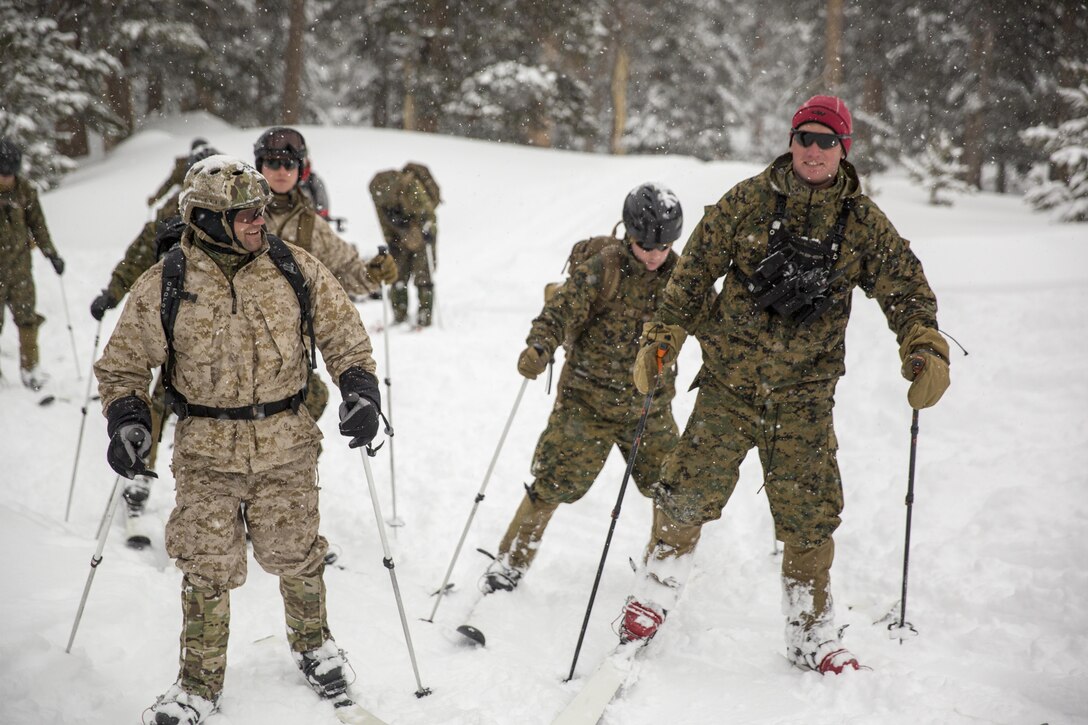 A Mountain Warfare Instructor leads Marines with 2nd Battalion, 2nd Marine Regiment, in skiing drills during Mountain Training Exercise 1-17 in the Marine Corps Mountain Warfare Training Center Bridgeport, Calif., training area Jan. 19, 2016. MCMWTC is one of the Marine Corps’ most secluded posts, comprised of approximately 46,000 acres of terrain with elevations ranging from 5,000 to 11,000 feet. The exercise trains elements of the Marine air-ground task force across the warfighting functions for operations in mountainous, high-altitude and cold-weather environments in order to enhance a unit’s ability to shoot, move, communicate, sustain and survive in the most rugged regions of the world. (U.S. Marine Corps photo by Cpl. Levi Schultz)