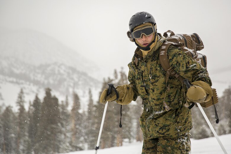 1st Lt. Christian Lara, platoon commander, 2nd Battalion, 2nd Marine Regiment, makes his way uphill while working on skiing techniques at Mountain Training Exercise 1-17 in the Marine Corps Mountain Warfare Training Center Bridgeport, Calif., training area Jan. 19, 2016. MCMWTC is one of the Marine Corps’ most secluded posts, comprised of approximately 46,000 acres of terrain with elevations ranging from 5,000 to 11,000 feet. The exercise trains elements of the Marine air-ground task force across the warfighting functions for operations in mountainous, high-altitude and cold-weather environments in order to enhance a unit’s ability to shoot, move, communicate, sustain and survive in the most rugged regions of the world. (U.S. Marine Corps photo by Cpl. Levi Schultz)