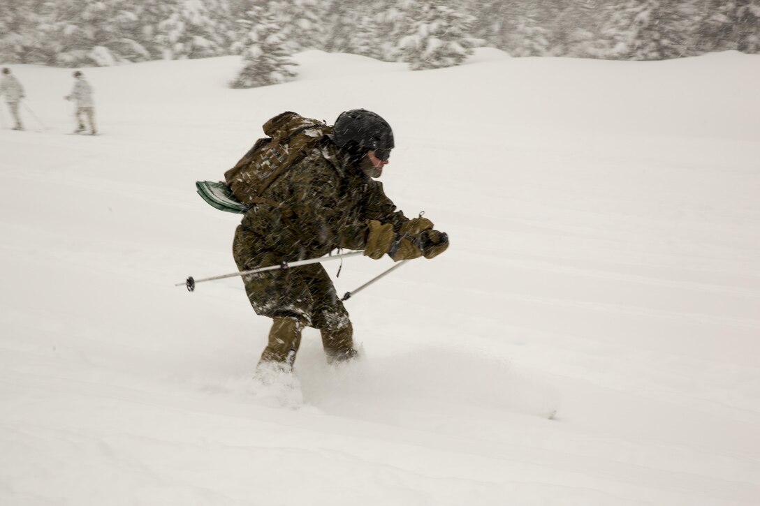 A Marine with 2nd Battalion, 2nd Marine Regiment, practices downhill skiing during Mountain Training Exercise 1-17 in the Marine Corps Mountain Warfare Training Center Bridgeport, Calif., training area Jan. 19, 2016. MCMWTC is one of the Marine Corps’ most secluded posts, comprised of approximately 46,000 acres of terrain with elevations ranging from 5,000 to 11,000 feet. The exercise trains elements of the Marine air-ground task force across the warfighting functions for operations in mountainous, high-altitude and cold-weather environments in order to enhance a unit’s ability to shoot, move, communicate, sustain and survive in the most rugged regions of the world. (U.S. Marine Corps photo by Cpl. Levi Schultz)