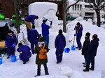 Sailors from Misawa Airbase start sculpting an ice block at the 68th Sapporo Snow Festival, Jan. 30, 2017. This is the 34th consecutive year that the Navy has sent a team from Misawa, Japan to participate in the festival. 