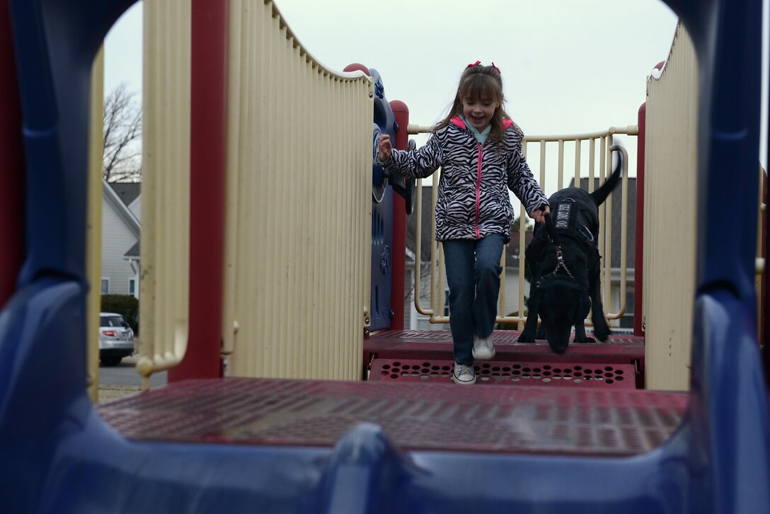 AudreeAna Johns, age six, daughter of U.S. Army Sgt. Matthew Johns, 221st Military Police Detachment military police officer, walks her service dog, Hope, across the bridge of a playground at Joint Base Langley-Eustis, Va., Jan. 5, 2017. Hope is trained as a seizure alert, stability and anxiety service animal and travels most places with AudreeAna, ready to notify of an impending medical need. (U.S. Air Force photo by Staff Sgt. Teresa J. Cleveland)