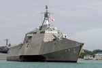 Littoral combat ship USS Coronado (LCS 4) departs Changi Naval Base for an underway period to prepare for upcoming operations and maritime security engagements in the region, Jan. 31, 2017. Currently on a rotational deployment in support of the Asia-Pacific Rebalance, Coronado is a fast and agile warship tailor-made to patrol the region's littorals and work hull-to-hull with partner navies, providing 7th Fleet with the flexible capabilities it needs now and in the future. 