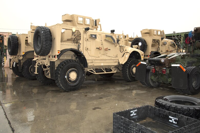 One of several Mine Resistant Ambush Protected All Terrain Vehicles, or M-ATV, sits awaiting a road test after going through an intensive upgrade of armor and systems at Production Plant Barstow, Marine Depot Maintenance Command, on the Yermo Annex of Marine Corps Logistics Base Barstow Jan. 12. The M-ATV is the latest incarnation of the MRAP vehicles designed to enhance protection for the occupants of the crew cab in the event an improvised explosive device detonates under the vehicle.