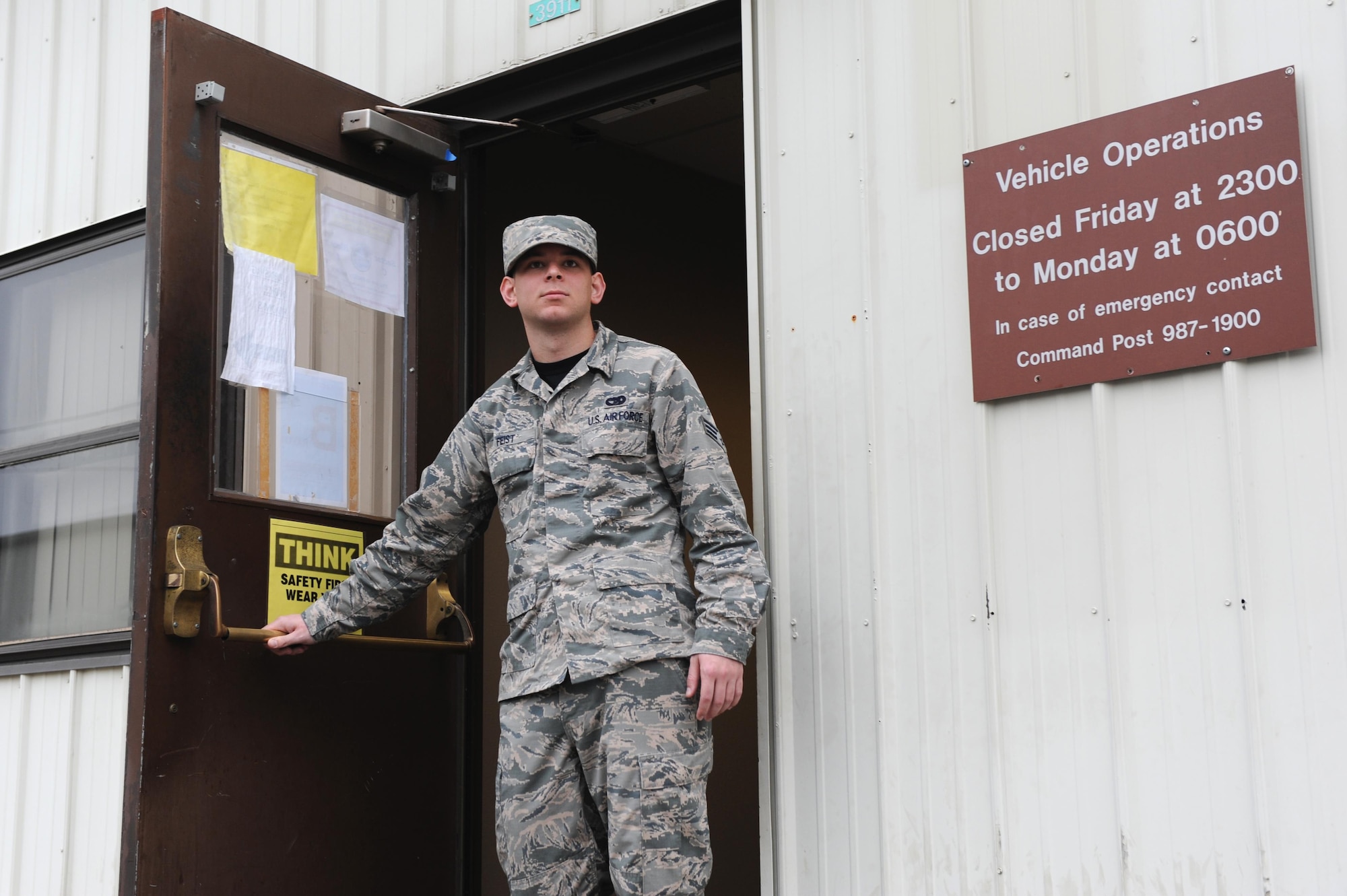 U.S. Air Force Senior Airman Anthony Feist, 19th Logistics Readiness Squadron Vehicle Operations shop operator dispatcher, departs the shop for a vehicle inspection Jan. 12, 2017, at Little Rock Air Force Base, Ark. The Vehicle Operations shop caters to the ground transportation needs of the base by providing 61 vehicles, such as sedans, vans, tow trucks and other vehicles. (U.S. Air Force photo by Airman 1st Class Grace Nichols)