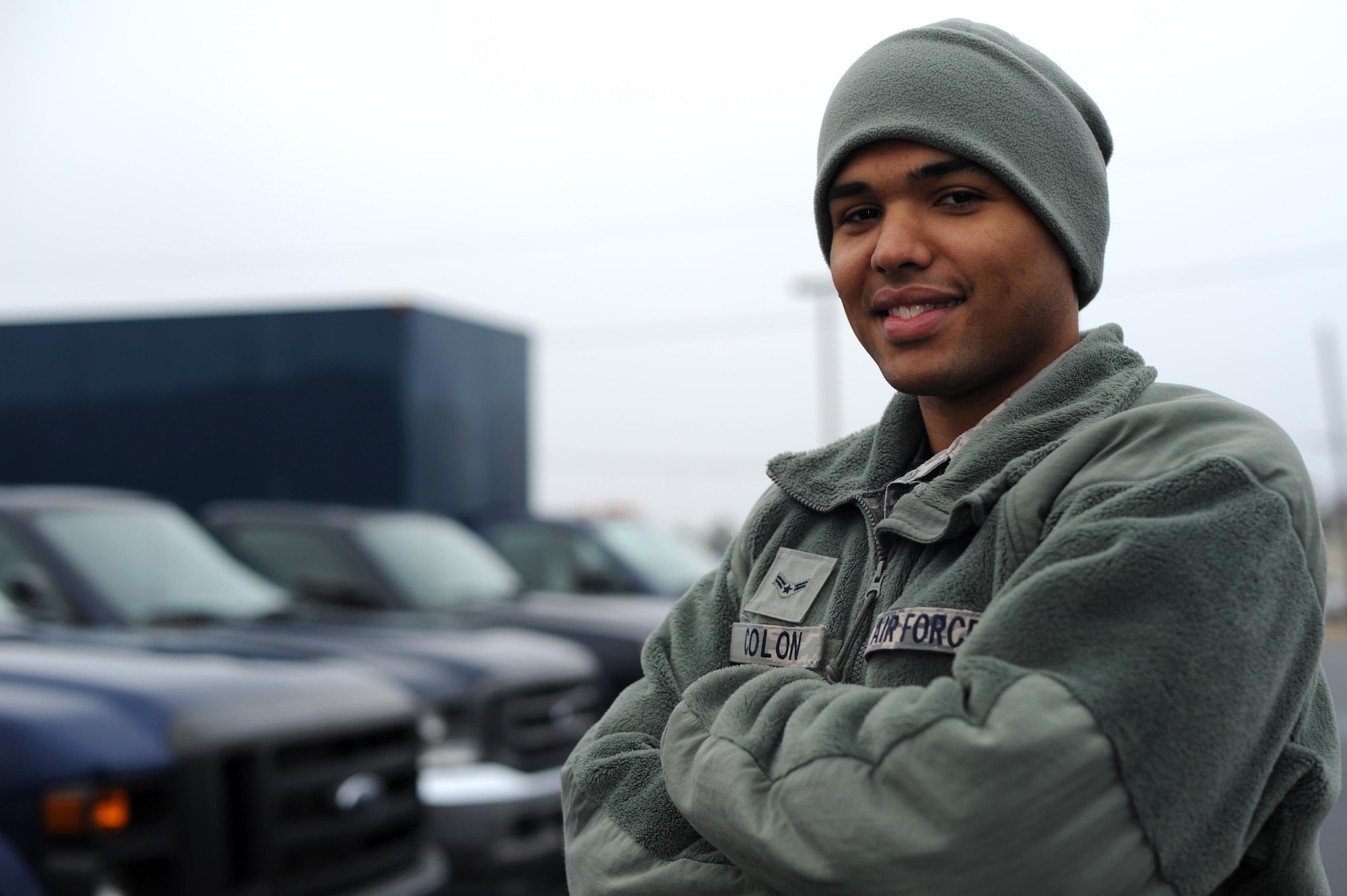 U.S. Air Force Airman 1st Class Alexander Colon, 19th Logistics Readiness Squadron Vehicle Operations shop operator and dispatcher, issues vehicles and inspects them for defects Jan. 12, 2017, at Little Rock Air Force Base, Ark. The 25 operators and dispatchers oversee and issue government vehicles to DOD personnel for official use, as well as operating the vehicles when necessary. (U.S. Air Force photo by Airman 1st Class Grace Nichols)