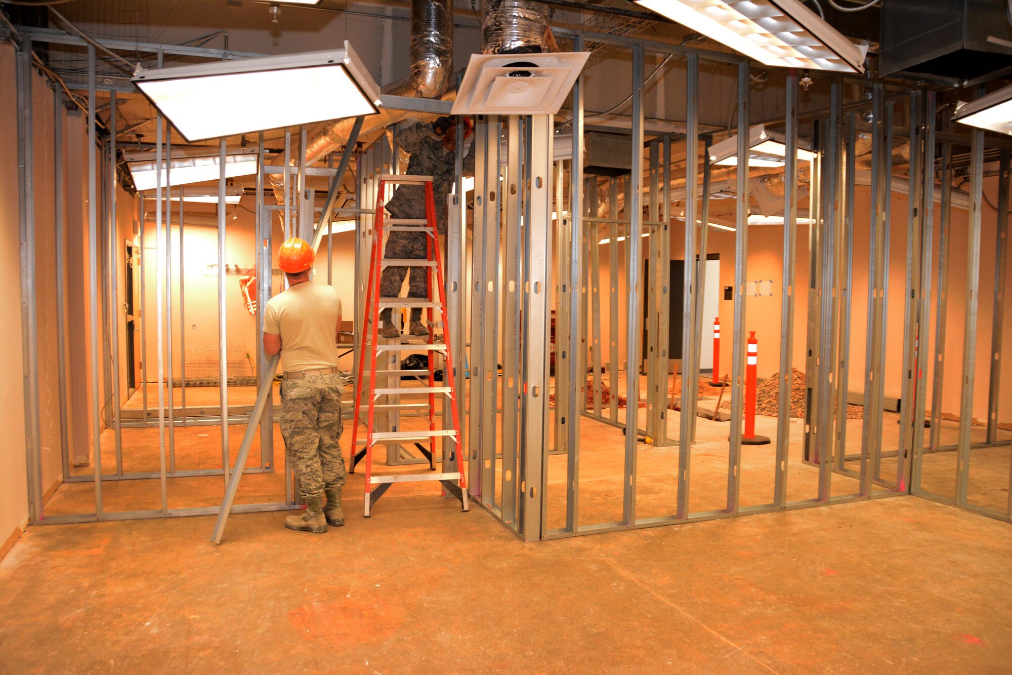 Reservists with the 507th Civil Engineer Squadron frame out walls in the new emergency communications center in Bldg. 7017 Nov. 21, 2016, at Tinker Air Force Base, Okla. Construction on the 1,500 sq. ft. emergency communications center is expected to be completed by April 1, 2017. (U.S. Air Force photo/Tech. Sgt. Lauren Gleason)