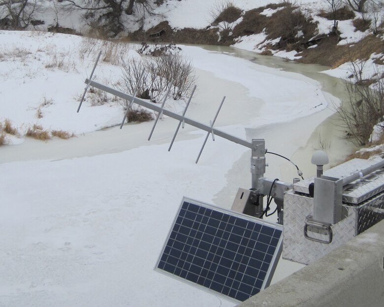 Stream gage on a frozen river in North Dakota. 