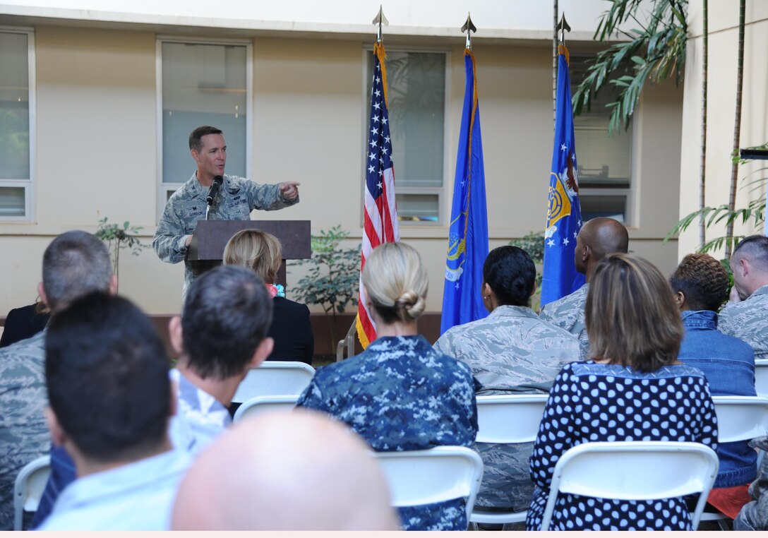 Col. Kevin Gordon, 15th Wing commander, acknowledges the importance of total force cooperation when it comes to military suicide at Joint Base Pearl Harbor-Hickam, Hawaii, Jan. 30, 2017. The 15th Wing mental health clinic was recognized for its superior efforts to prevent suicide in Sept. 2016 by the Defense Suicide Prevention Office. (U.S. Air Force photo by 1st Lt. Kaitlin Daddona/Released)