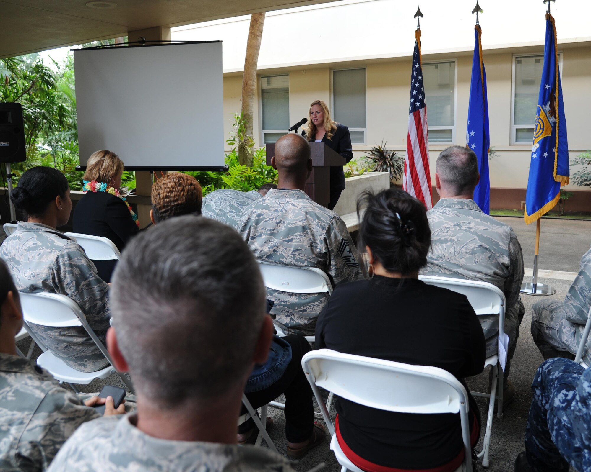 Dr. Keita Franklin, Defense Suicide Prevention Office director, speaks to a crowd about the Department of Defense's plan to combat the issue of suicide among military members at Joint Base Pearl Harbor-Hickam, Hawaii, Jan. 30, 2017. The 15th Wing clinic was recognized for its superior efforts to prevent suicide in Sept. 2016. (U.S. Air Force photo by 1st Lt. Kaitlin Daddona/Released)