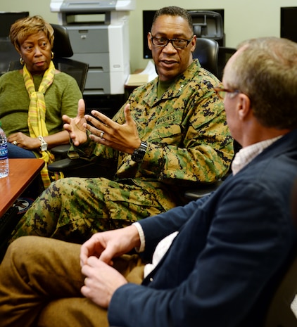 Maj. Gen. Craig C. Crenshaw, commanding general, Marine Corps Logistics Command, explains the impact of the tornado to Georgia’s Lieutenant Governor Casey Cagle during a recent visit as State Senator Freddie Powell Sims looks on, Jan. 27. 