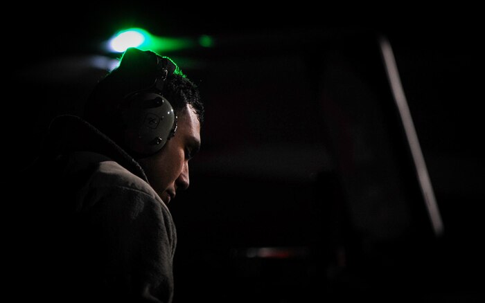 A crew chief assigned to the 388th Fighter Wing, Hill Air Force Base, Utah, prepares an F-35A Lightning II for Red Flag 17-1 night operations on Nellis Air Force Base, Nev., Jan. 24, 2017. Red Flag was established in 1975 as one of the initiatives to better prepare our forces for combat. (U.S. Air Force photo by Airman 1st Class Kevin Tanenbaum/Released)