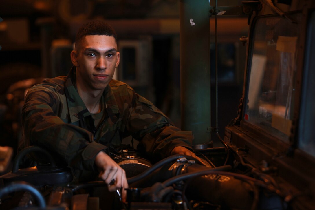 Lance Cpl. Cameron J. Stanley performs vehicle inspections and replaces defective parts during a reservist training period, Jan. 24, 2017, at Camp Kinser, Okinawa, Japan. The training period was used to integrate reserve and active duty Marines to share knowledge and ideas to improve productivity. Stanley, a native of New Bedford, Massachusetts, is a organizational automotive mechanic with Transportation Services Company, Combat Logistics Battalion 25, Combat Logistics Regiment 45, 4th Marine Logistics Group, currently assigned with 3rd Maintenance Battalion, Combat Logistics Regiment 35, 3rd Marine Logistics Group, III Marine Expeditionary Force. (U.S. Marine Corps Photo by Lance Cpl. Jonah Baase)