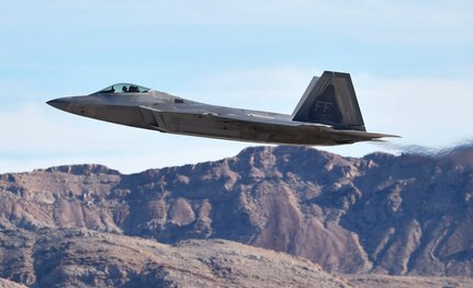 An F-22 Raptor from the 1st Fighter Wing out of Joint Base Langley-Eustis, Va., takes off during Red Flag 17-1 at Nellis Air Force Base, Nev., Jan. 26, 2017. The Raptors among other aircraft were cleared to fly after verifying several aspects of flight safety including weather. (U.S. Air Force photo by Staff Sgt. Natasha Stannard)