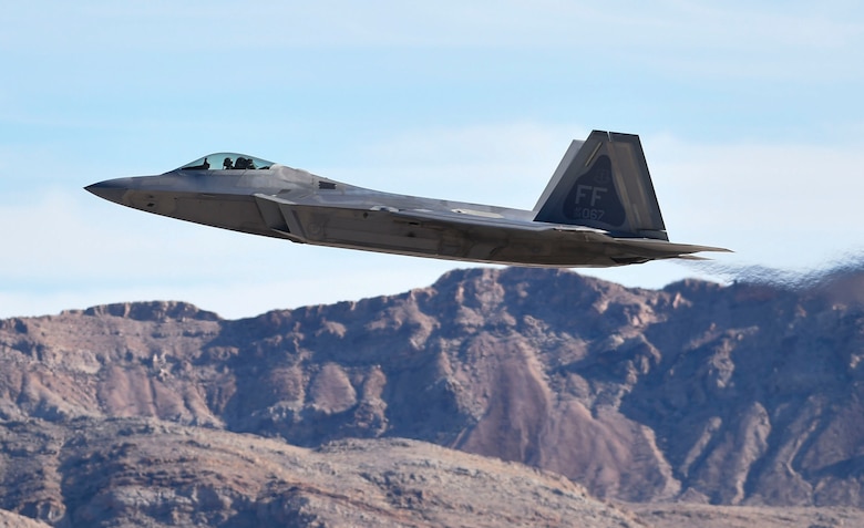 An F-22 Raptor from the 1st Fighter Wing out of Joint Base Langley-Eustis, Va., takes off during Red Flag 17-1 at Nellis Air Force Base, Nev., Jan. 26, 2017. The Raptors among other aircraft were cleared to fly after verifying several aspects of flight safety including weather. (U.S. Air Force photo by Staff Sgt. Natasha Stannard)