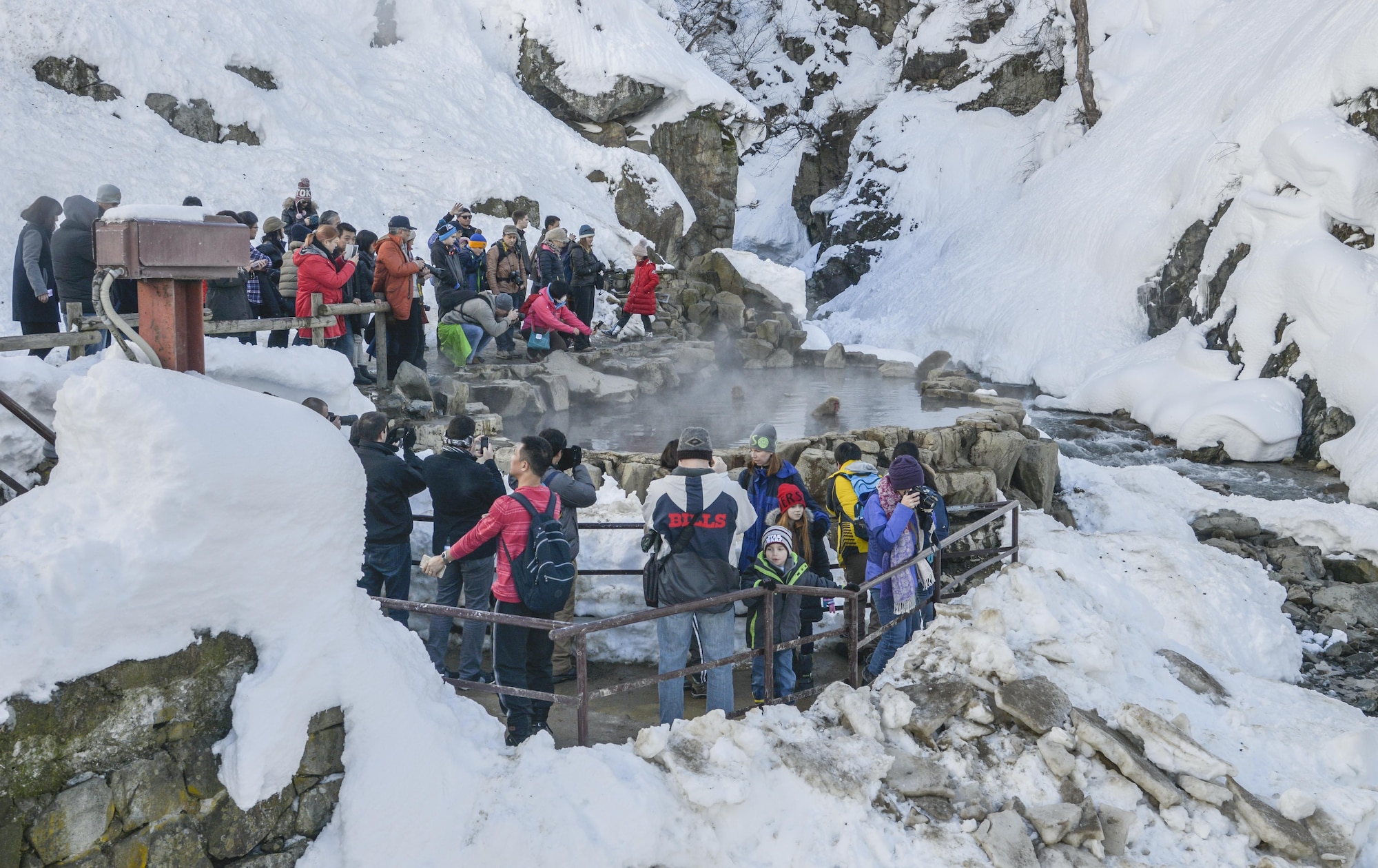 People watch and take pictures of Japanese macaques in a hot spring in Jigokudani Yaen-koen, Nagano, Japan, Jan. 28, 2018. The facility was established in 1964 with the objective of researchers performing ecological observation and biology of wild macaque. (U.S. Air Force photo by Staff Sgt. David Owsianka)