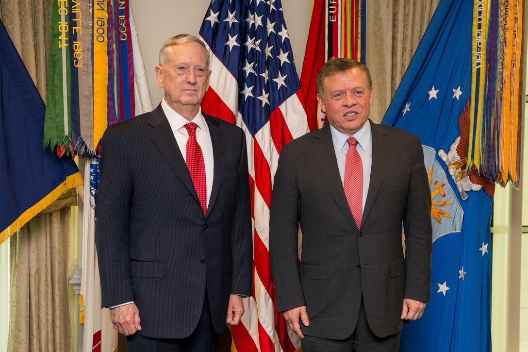 Defense Secretary Jim Mattis meets with King Abdullah II of Jordan at the Pentagon, Jan. 30, 2017. DoD photo by Air Force Staff Sgt. Jette Carr