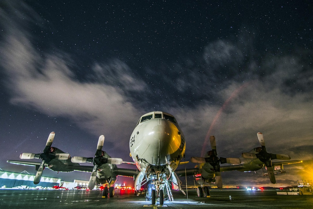 A P-3C Orion assigned to Patrol Squadron 46 sits on Naval Air Station Whidbey Island in Oak Harbor, Wash., Jan. 30, 2017. The squadron is conducting training exercises to maintain proficiency for its upcoming deployment. Navy photo by Petty Officer 3rd Class Alex J. Cole