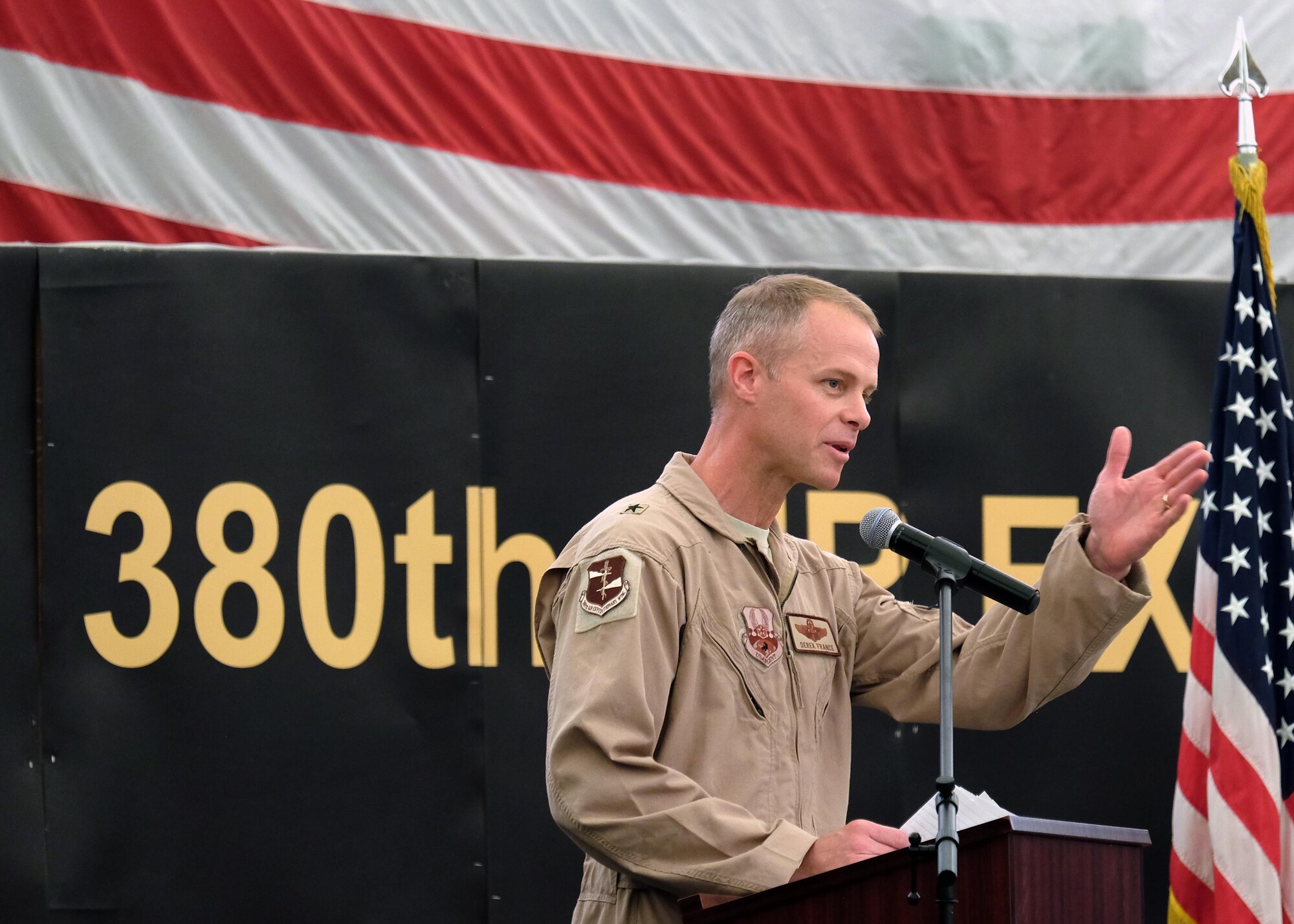 Brig. Gen. Derek C. France, incoming 380th Air Expeditionary commander, speaks to Airmen during a change of command ceremony July 1, 2017, at an undisclosed location in southwest Asia. France comes to the unit after serving as the senior executive officer to the vice chief of staff of the Air Force, Gen. Stephen W. "Seve" Wilson, at the Pentagon, Washington, District of Columbia. (U.S. Air Force photo by Senior Airman Preston Webb)