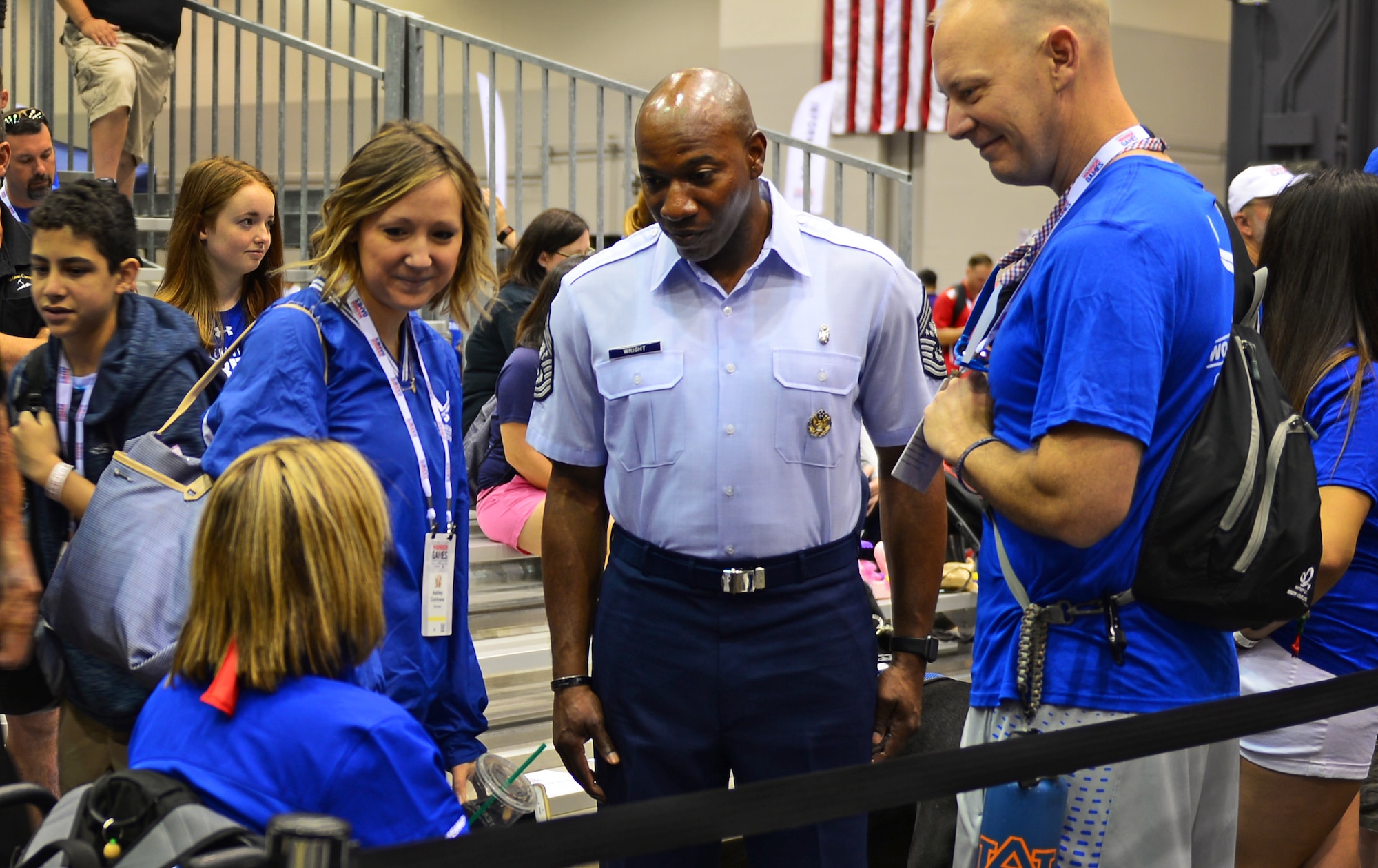 Chief Master Sgt. of the Air Force Kaleth O. Wright speaks with Staff Sgt. Melinda Smith, a finance and comptroller troop from Keyser, W.Va., at the 2017 Warrior Games July 1, 2017 at McCormick Place-Lakeside Center in Chicago. Smith will participate in archery, field, shooting and track in this year’s games. (U.S. Air Force photo/Staff Sgt. Chip Pons)
