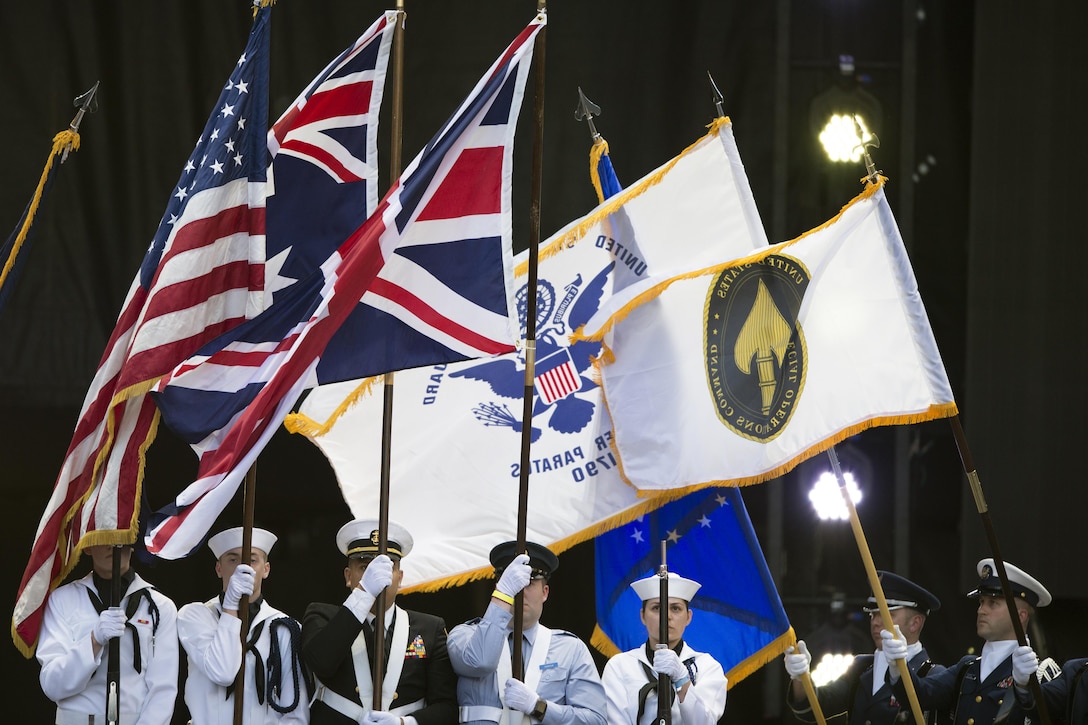 A Color Guard begins the 2017 Department of Defense Warrior Games opening ceremonies at Soldier Field in Chicago, July 1, 2017. DoD photo by EJ Hersom