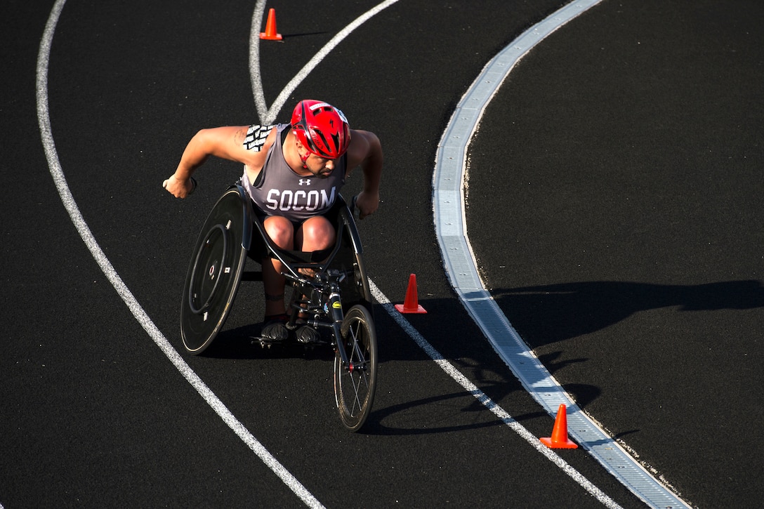 Army Sgt. 1st Class Howard Sanborn competes in wheel chair racing during the 2017 Department of Defense Warrior Games at Lane Technical College Preparatory High School in Chicago, July 2, 2017. Sanborn is a team member of Special Operations Command. DoD photo by EJ Hersom