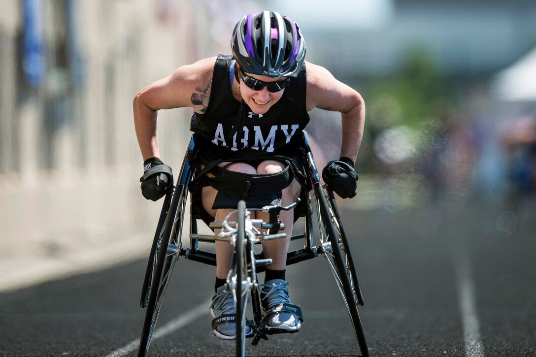 Army Staff Sgt. Rachel Salemink competes in wheel chair racing during the 2017 Department of Defense Warrior Games at Lane Technical College Preparatory High School in Chicago, July 2, 2017. DoD photo by EJ Hersom