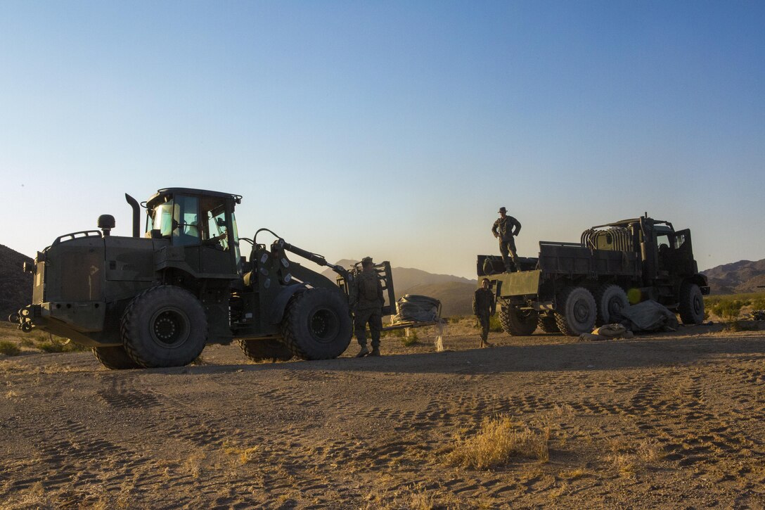 TWENTYNINE PALMS, Calif. – Marines with Combat Logistics Battalion 453, Combat Logistics Regiment 4, 4th Marine Logistics Group, Marine Forces Reserve, unload medical supplies in Twentynine Palms, California on June 21, 2017, during Integrated Training Exercise 4-17. The Marines set up the combat service area for the 2nd Battalion, 25th Marine Regiment, 4th Marine Division, MARFORRES final battalion exercise of ITX 4-17, providing medical aid, meals, water and fuel.