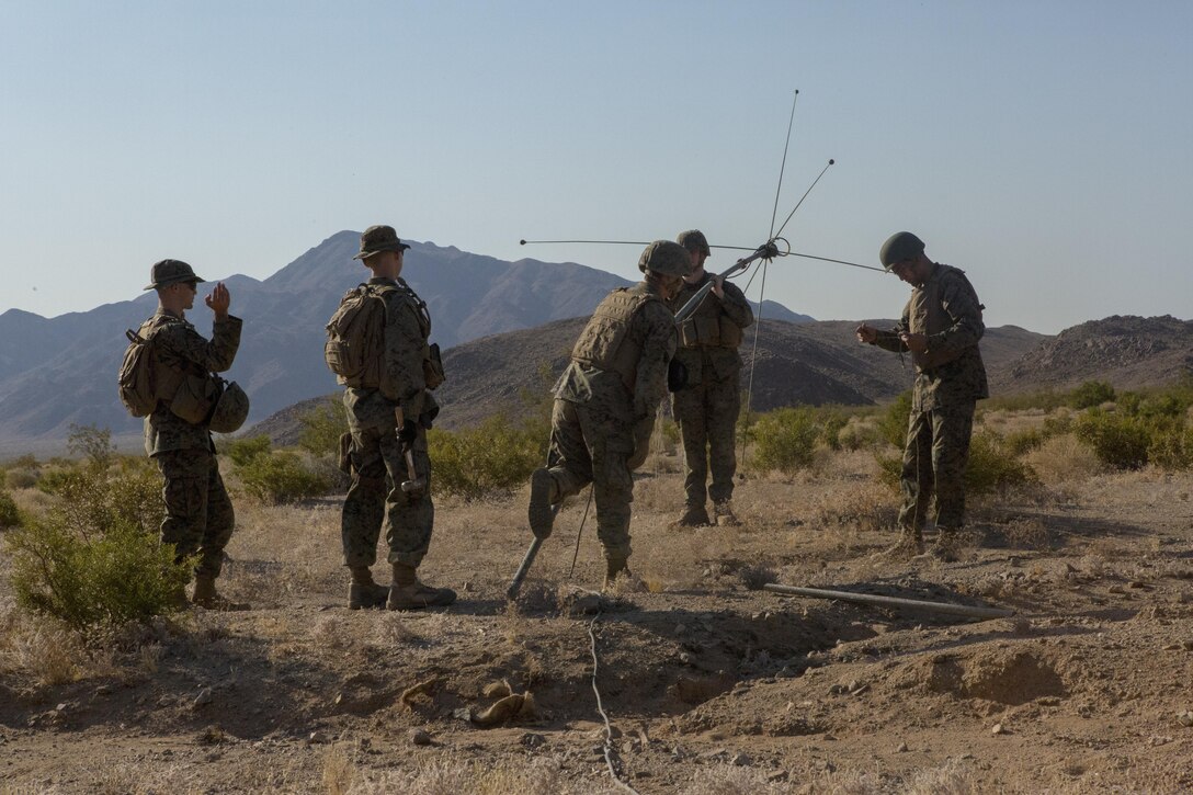 TWENTYNINE PALMS, Calif. – Marines with Combat Logistics Battalion 453, Combat Logistics Regiment 4, 4th Marine Logistics Group, Marine Forces Reserve, set up radio satellites during Integrated Training Exercise 4-17, in Twentynine Palms, California, on June 21, 2017. The Marines set up the radios to provide communication support to 2nd Battalion, 25th Marine Regiment, 4th Marine Division, MARFORRES, during the final battalion exercise of ITX 4-17.
