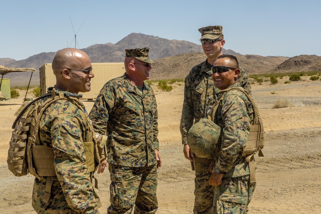TWENTYNINE PALMS, Calif. – Sgt. Maj. Coppes, the Sgt. Maj. of Combat Logistics Battalion 453, Combat Logistics Regiment 4, 4th Marine Logistics Group, Marine Forces Reserve, talks to the Marines of CLB-453, during Integrated Training Exercise 4-17 in Twentynine Palms, California on June 22, 2017. Sgt. Maj. Coppes visited the Marines to ensure they were prepared to provide support to 2nd Battalion, 25th Marine Regiment, 4th Marine Division, MARFORRES during the final battalion exercise of ITX 4-17.