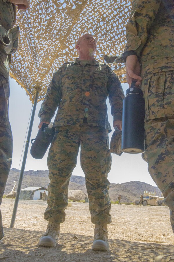 TWENTYNINE PALMS, Calif. – Sgt. Maj. Coppes, Sgt. Maj. of Combat Logistics Battalion 453, Combat Logistics Regiment 4, 4th Marine Logistics Group, Marine Forces Reserve, talks to the Navy medical personnel during Integrated Training Exercise 4-17 in Twentynine Palms, California on June 23, 2017. Sgt. Maj. Coppes spoke with corpsmen to ensure they had enough ready equipment to support 2nd Battalion, 25th Marine Regiment, 4th Marine Division, MARFORRES, during the final battalion exercise of ITX 4-17.