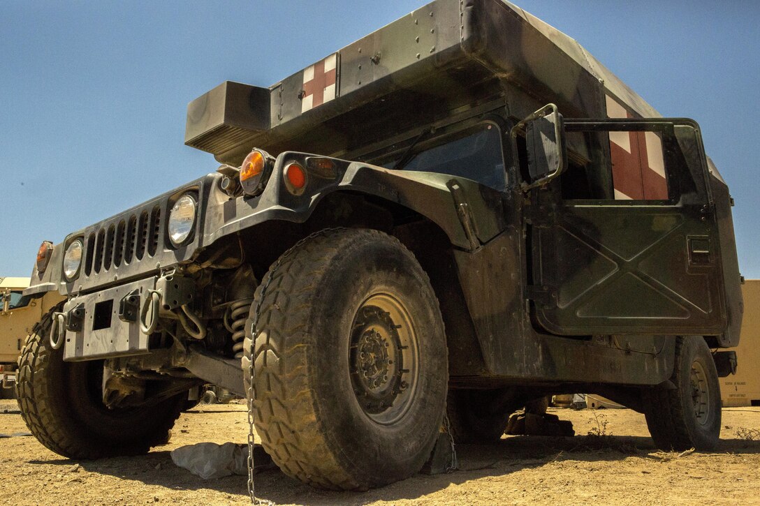 TWENTYNINE PALMS, Calif. – A safety vehicle with the Combat Logistics Battalion 453, Combat Logistics Regiment 4, 4th Marine Logistics Group, Marine Forces Reserve, sits ready to transport Marines to the battalion aid station during Integrated Training Exercise 4-17 in Twentynine Palms, California on June 21, 2017. The corpsmen of CLB-453 provided medical care for 2nd Battalion, 25th Marine Regiment, 4th Marine Division, MARFORRES, helping to decrease the risk of heat casualties during the final battalion exercise of ITX 4-17.