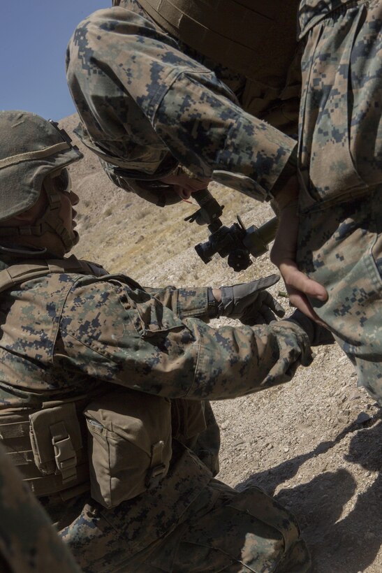 U.S. Marine Corps Lance Cpl. Carlos Jimenez, left, and Cpl. Gerry Potempa, mortarmen with Weapons Company, 2nd Battalion, 24th Marine Regiment, 4th Marine Division, Marine Forces Reserve, conduct fire support with the 60mm light mortar during the Fire Support Coordination Exercise, a training event, during the Integrated Training Exercise 4-17 at Camp Wilson, Marine Corps Air Ground Combat Center, Twentynine Palms, California on June 26th, 2017. ITX prepares Reserve Marines to seamlessly integrate with their active duty counterparts in the event of a crisis that requires a rapid response. (U.S. Marine Corps photo by Lance Cpl. Imari J. Dubose/Released)