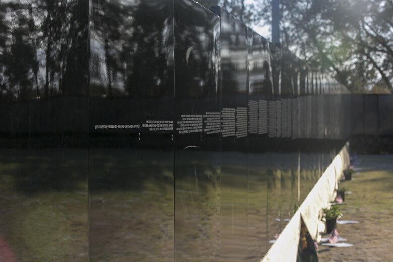 The city of Desert Hot Springs hosted the Moving Vietnam Veterans Memorial Wall at Mission Springs Park in Desert Hot Springs, Calif., June 22 through June 26, 2017. The Moving Wall, a scale model of the original Vietnam Veterans Memorial Wall, has the names of those men and women who were killed or missing in action etched onto a reflective stone, so visitors can not only see the names, but see themselves, reflecting on the lives of the people who fought and died to keep them safe. (U.S. Marine Corps photo by Cpl. Dave Flores)