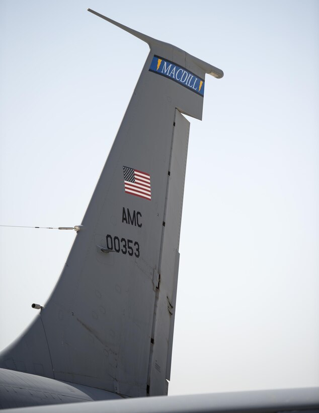A U.S. Air Force KC-135 Stratotanker from MacDill Air Force Base, Tampa Bay, Fla. sits on the ramp at Al Udeid Air Base, Qatar, June 30, 2017. The KC-135 Stratotanker provides aerial refueling support to U.S. and coalition aircraft 24/7 throughout the U.S. Central Command area of responsibility. (U.S. Air Force photo by Tech. Sgt. Amy M. Lovgren)