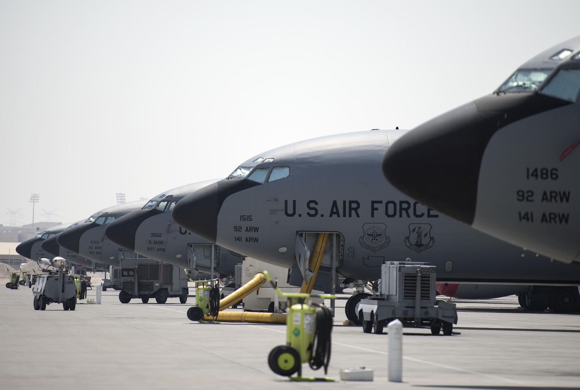 U.S. Air Force KC-135 Stratotankers sit on the ramp at Al Udeid Air Base, Qatar, June 30, 2017. The KC-135 Stratotanker provides aerial refueling support to U.S. and coalition aircraft 24/7 throughout the U.S. Central Command area of responsibility. (U.S. Air Force photo by Tech. Sgt. Amy M. Lovgren)