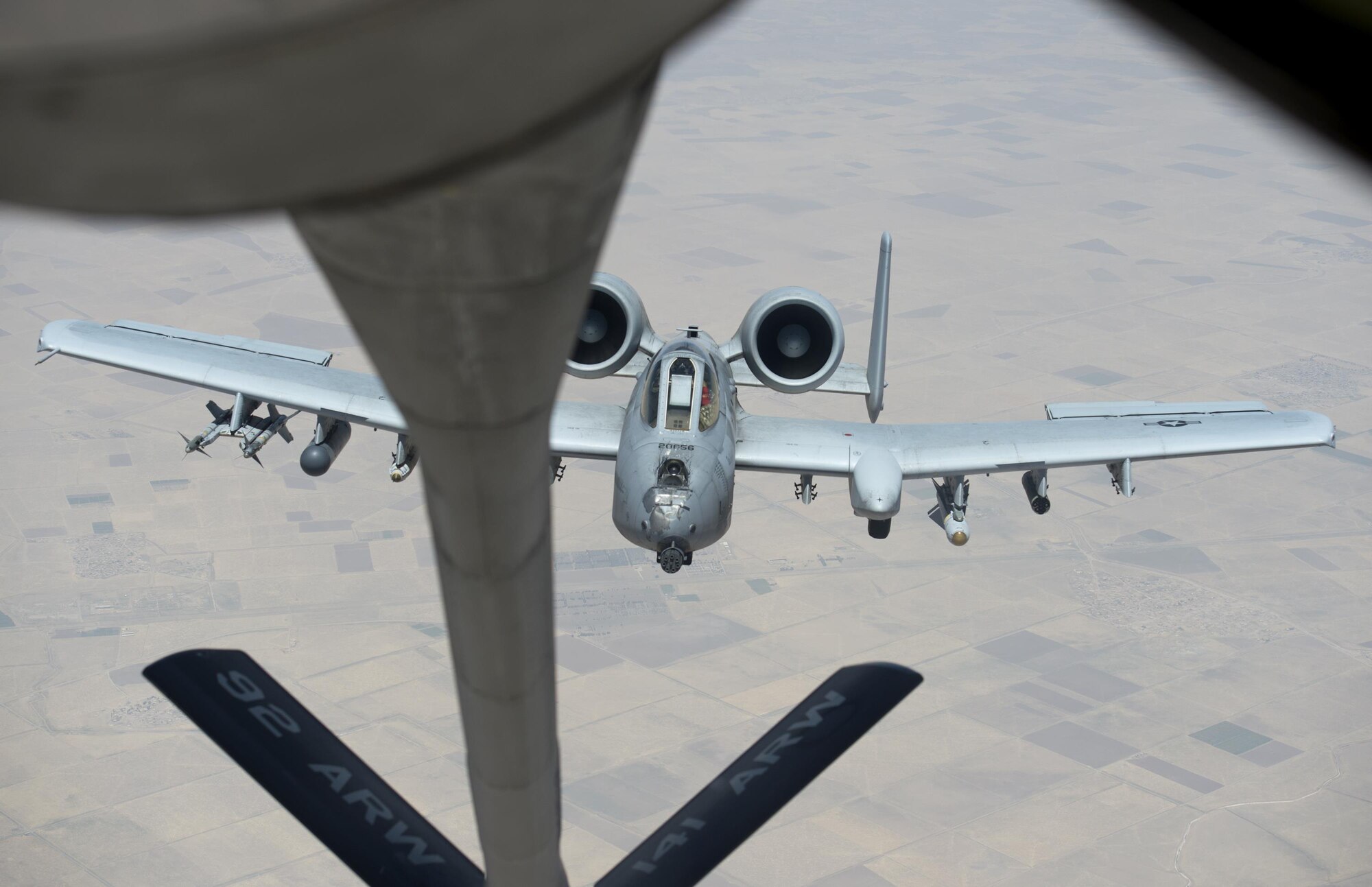 A U.S. Air Force A-10 Thunderbolt II approaches a KC-135 Stratotanker assigned to the 340th Expeditionary Air Refueling Squadron to refuel during a flight in support of Operation Inherent Resolve on July 1, 2017. The KC-135 Stratotanker provides aerial refueling support to U.S. and coalition aircraft 24/7 throughout the U.S. Air Forces Central Command area of responsibility. (U.S. Air Force photo by Tech. Sgt. Amy M. Lovgren)