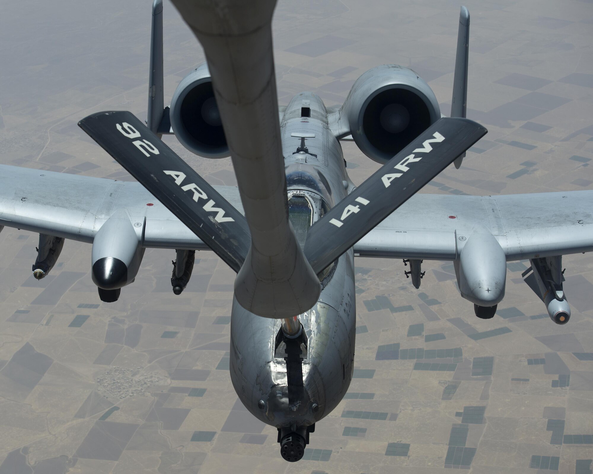 A U.S. A-10 Thunderbolt II receives fuel from a KC-135 Stratotanker assigned to the 340th Expeditionary Air Refueling Squadron during a flight in support of Operation Inherent Resolve on July 1, 2017. The KC-135 Stratotanker provides aerial refueling support to U.S. and coalition aircraft 24/7 throughout the U.S. Air Forces Central Command area of responsibility. (U.S. Air Force photo by Tech. Sgt. Amy M. Lovgren)