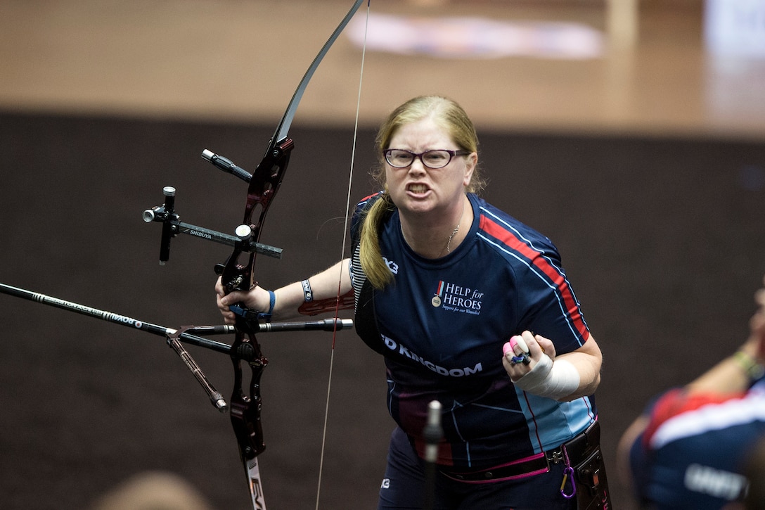 United Kingdom Royal Air Force Flight Lt. Jennifer Collins reacts to winning gold in the 2017 Department of Defense Warrior Games in Chicago, July 3, 2017. The DoD Warrior Games are an annual event allowing wounded, ill and injured service members and veterans to compete in Paralympic-style sports. DoD photo by EJ Hersom