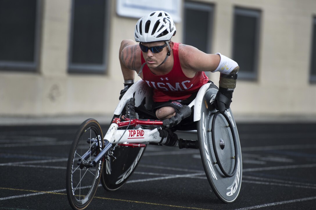 Medically retired Marine Corps Sgt. Mike Nicholson prepares to start a wheelchair race during the 2017 Department of Defense Warrior Games at Lane Technical College Preparatory High School in Chicago July 2, 2017. The Warrior Games are an annual event allowing wounded, ill and injured service members and veterans to compete in Paralympic-style sports. DoD photo by EJ Hersom