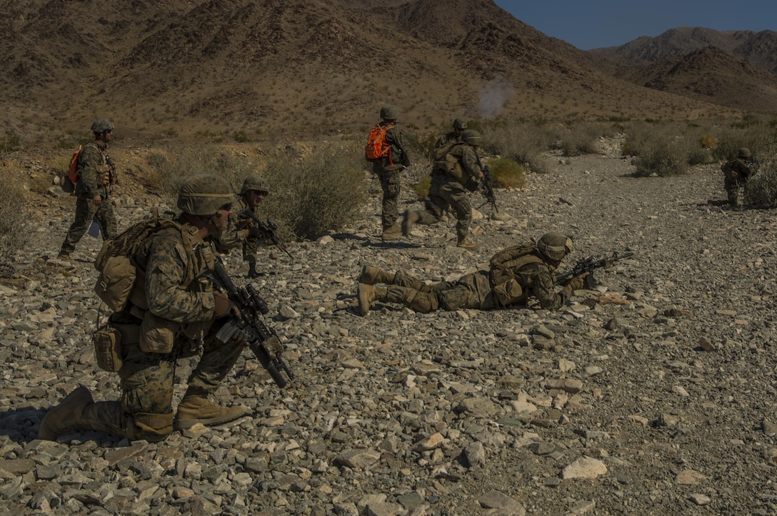 Marines with Echo Company, 2nd Battalion, 24th Marine Regiment, 4th Marine Division, Marine Forces Reserve, tackle Range 410A during Integrated Training Exercise 4-17 at Marine Corps Air Ground Combat Center Twentynine Palms, California on June 26, 2017. ITX allows Marines to maintain familiarity with basic military requirements and offers opportunities to learn from the difficulties associated with operating in an austere environment.