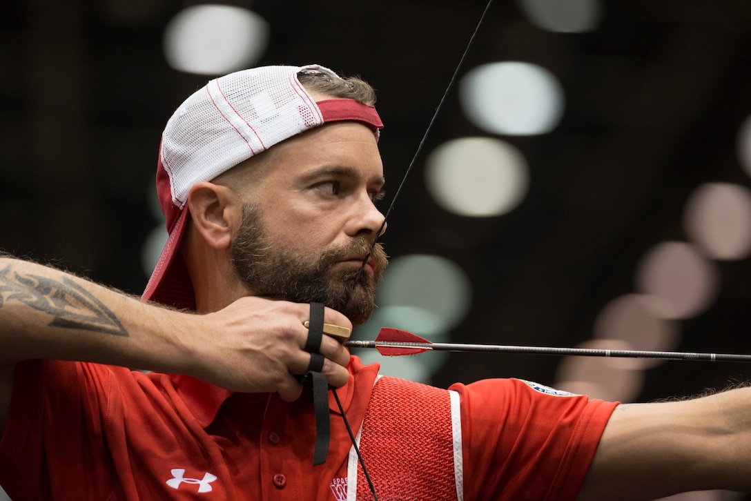 Marine Corps veteran Staff Sgt. Matthew Francis competes in the archery event during the 2017 Department of Defense Warrior Games in Chicago, July 3, 2017. DoD photo by Roger L. Wollenberg